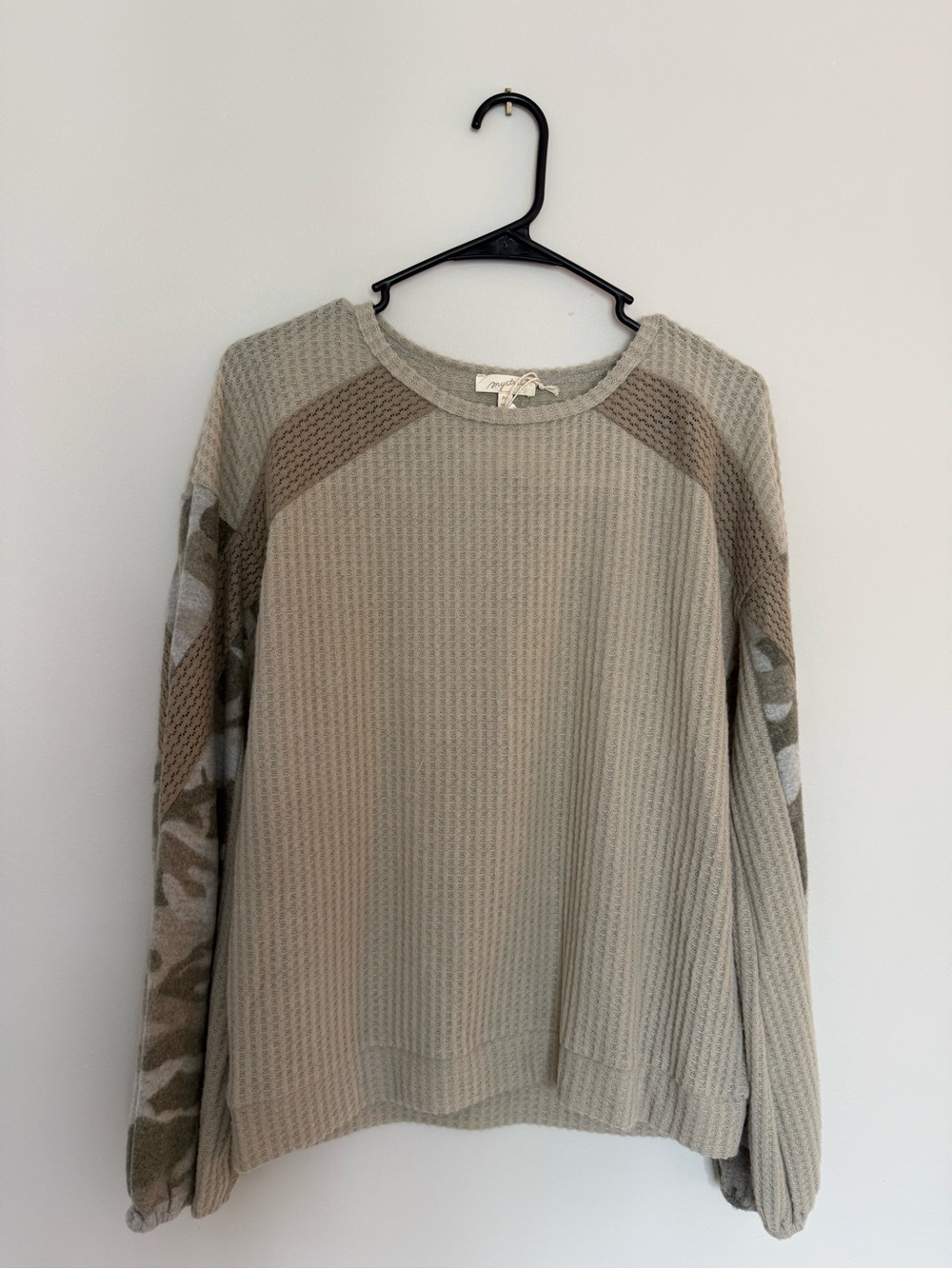 Mystree Waffle Knit Crewneck Sweater in Light Olive